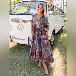 Natural Life NWT Rebecca midi boho dress patchwork size XS multicolor